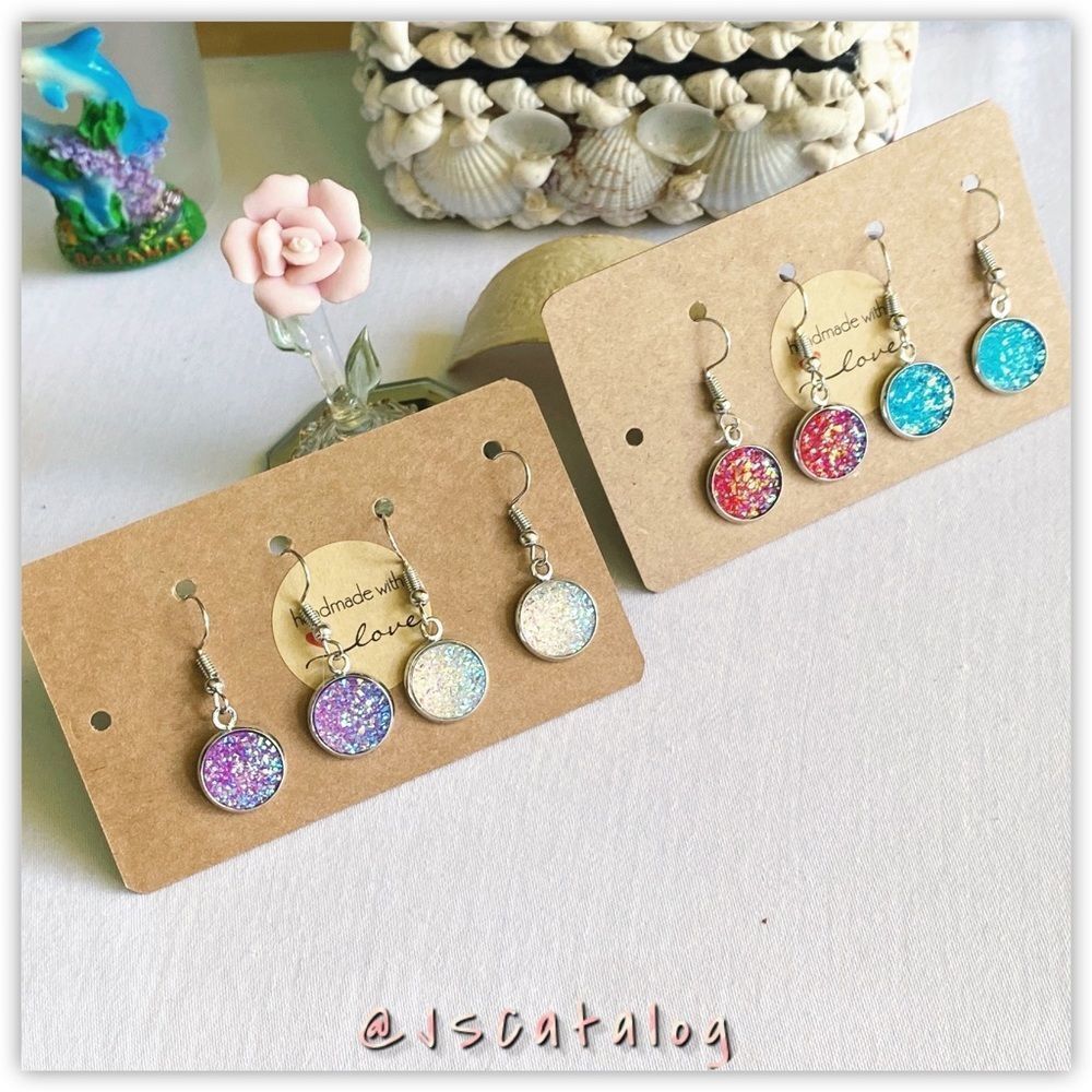 Handmade Druzy Silver Round Dangling Earrings